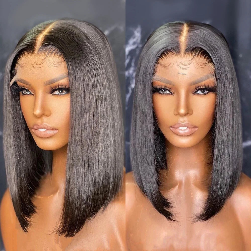 Two views of a gray bob wig on a mannequin head against a dark background.