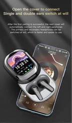 Wireless earbuds with charging case and smartphone displaying music app on a dark background