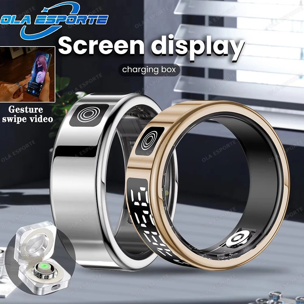 Two smart rings with screen display and charging box on a gray surface.