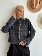 Vintage Denim Military Jacket Women Retro Solid Round Neck Single Breasted Slim Short Jackets 2026 Lady Daily Street Outerwears