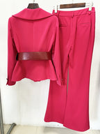 Suit Set Women's Slim Fitting Single Button Belted Blazer Flare Pants