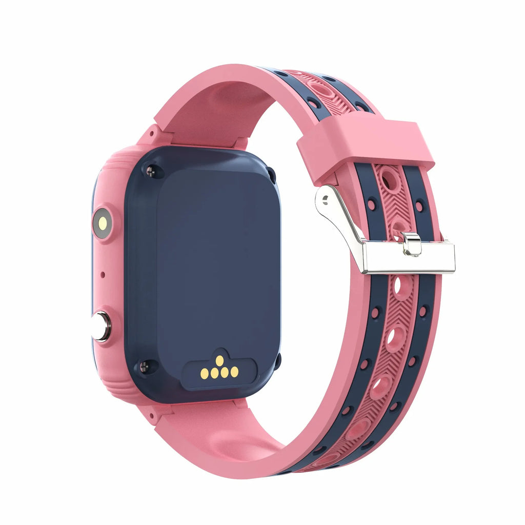 Smartwatch with pink and navy band on a white background