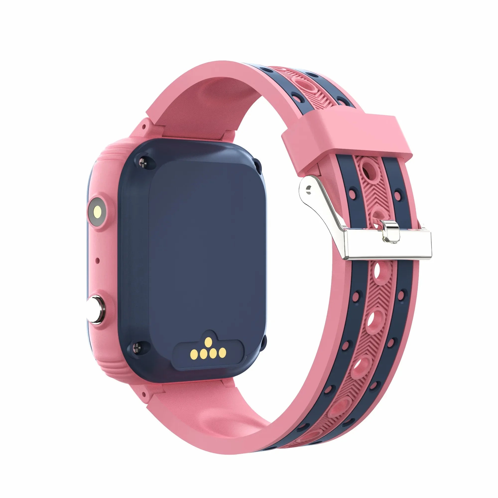 Smartwatch with pink and navy band on a white background