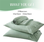 Green bedding set with two pillowcases, a flat sheet, and a fitted sheet on a white background.