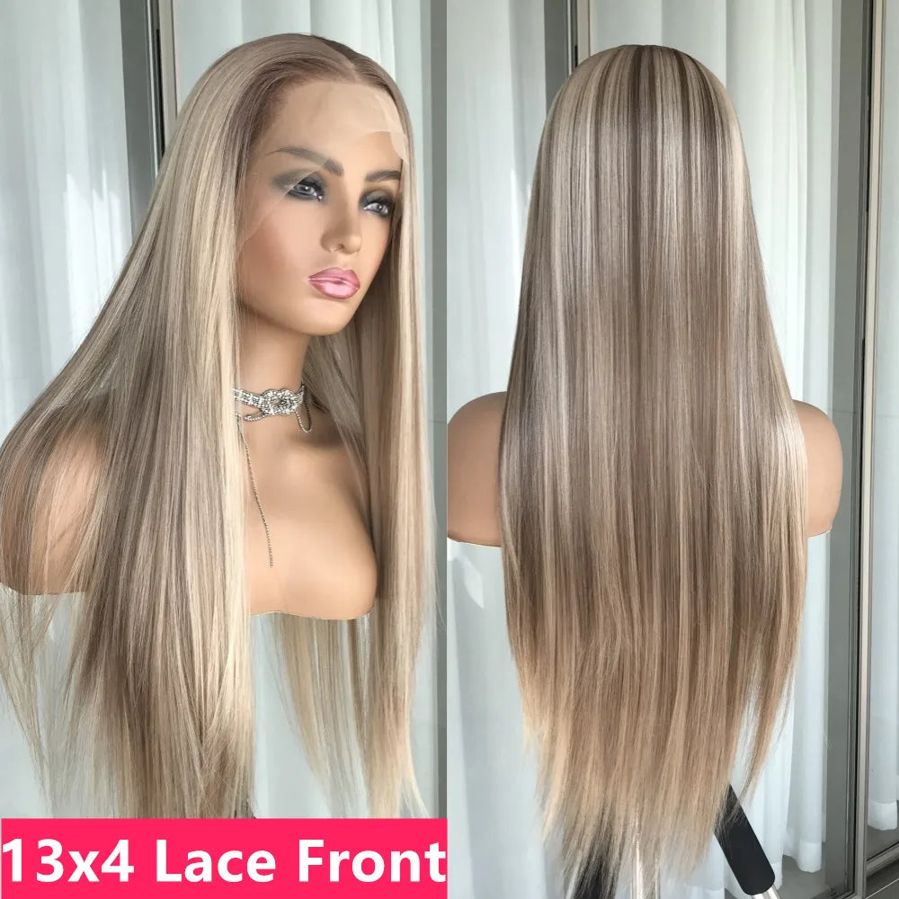 Blonde wig displayed on a mannequin with a plain background