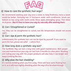 FAQ section on caring for synthetic hair wigs with pink text on a white background