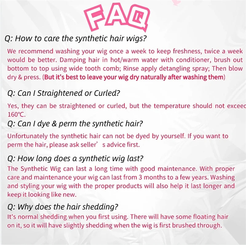 FAQ section on caring for synthetic hair wigs with pink text on a white background