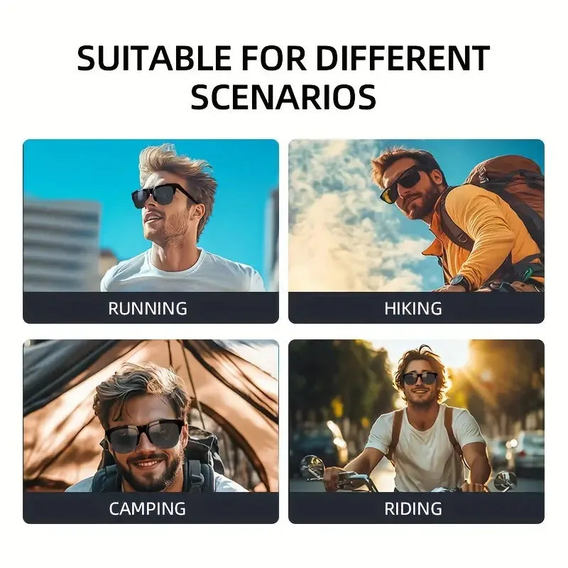 Four scenarios showing a person with sunglasses labeled 'Running', 'Hiking', 'Camping', and 'Riding'.