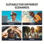 Four scenarios showing a person with sunglasses labeled 'Running', 'Hiking', 'Camping', and 'Riding'.