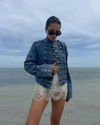 Vintage Denim Military Jacket Women Retro Solid Round Neck Single Breasted Slim Short Jackets 2026 Lady Daily Street Outerwears