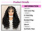 Black lace wig on a mannequin head with product details displayed.