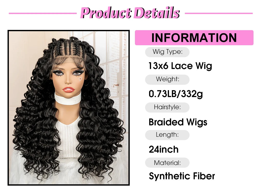 Black lace wig on a mannequin head with product details displayed.