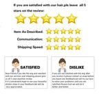 Five-star rating system with text prompts for customer feedback on hair product review.