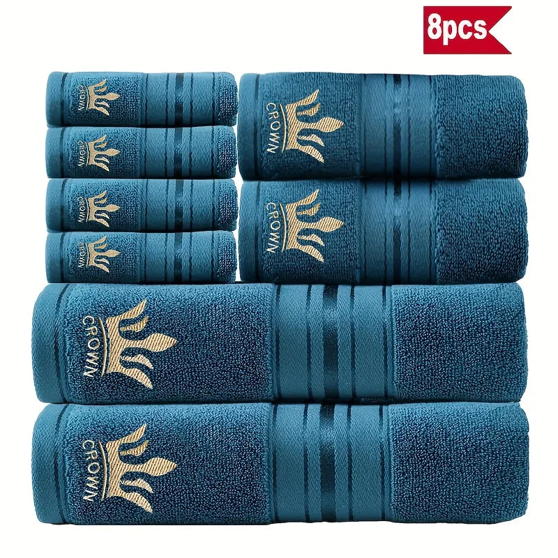 8-Piece Luxury Cotton Towel Set - 2 Bath Towels, 2 Hand Towels & 4 Washcloths, Light Beige with Crown Embroidery