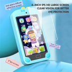 Children's toy phone with screen protector on a blue background