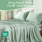 Mint green deep pocket sheets on a bed with a 12-inch thick mattress, OEKO-TEX Standard 100 logo visible.