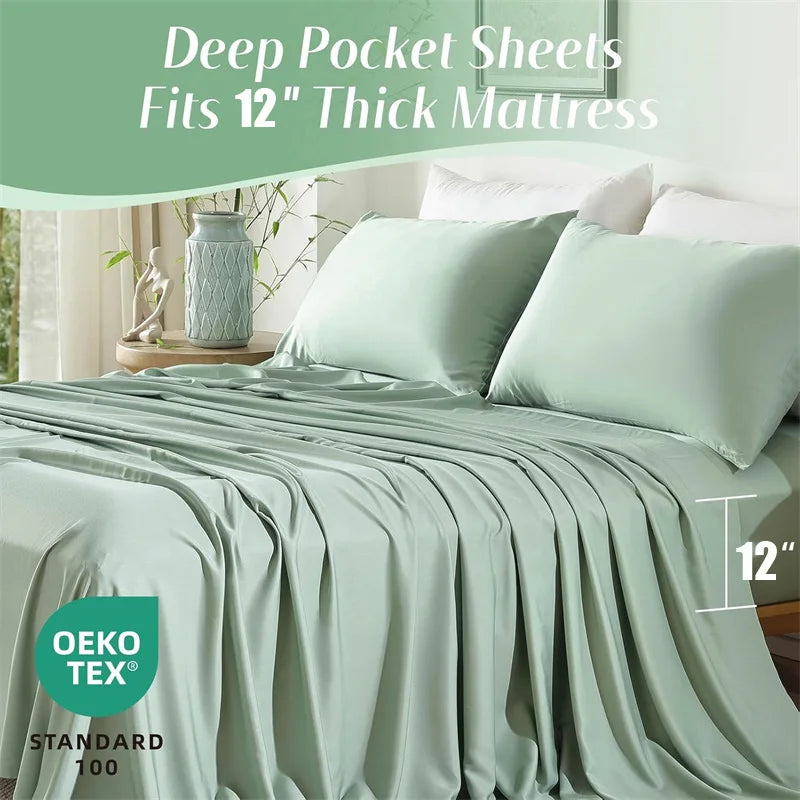 Mint green deep pocket sheets on a bed with a 12-inch thick mattress, OEKO-TEX Standard 100 logo visible.