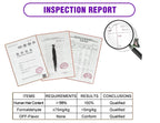 Inspection report with hair sample and magnifying glass on a white background