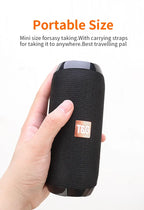 Black portable speaker held in a hand with text about its portability and travel-friendly design.
