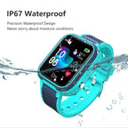 Teal smartwatch with water splashing around it, emphasizing its waterproof feature.