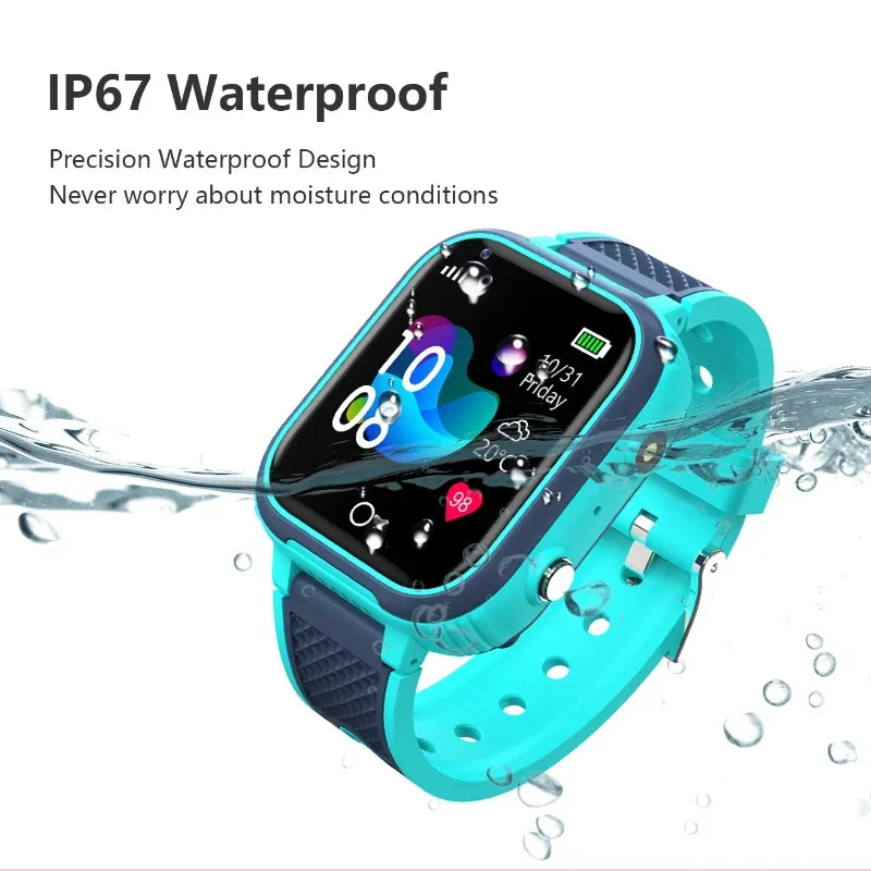 Teal smartwatch with water splashing around it, emphasizing its waterproof feature.