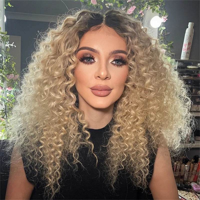 Woman with blonde curly hair in a room with plants and hair products.