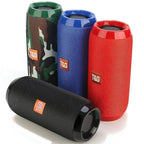 Four colorful TSG portable speakers in different designs on a white background