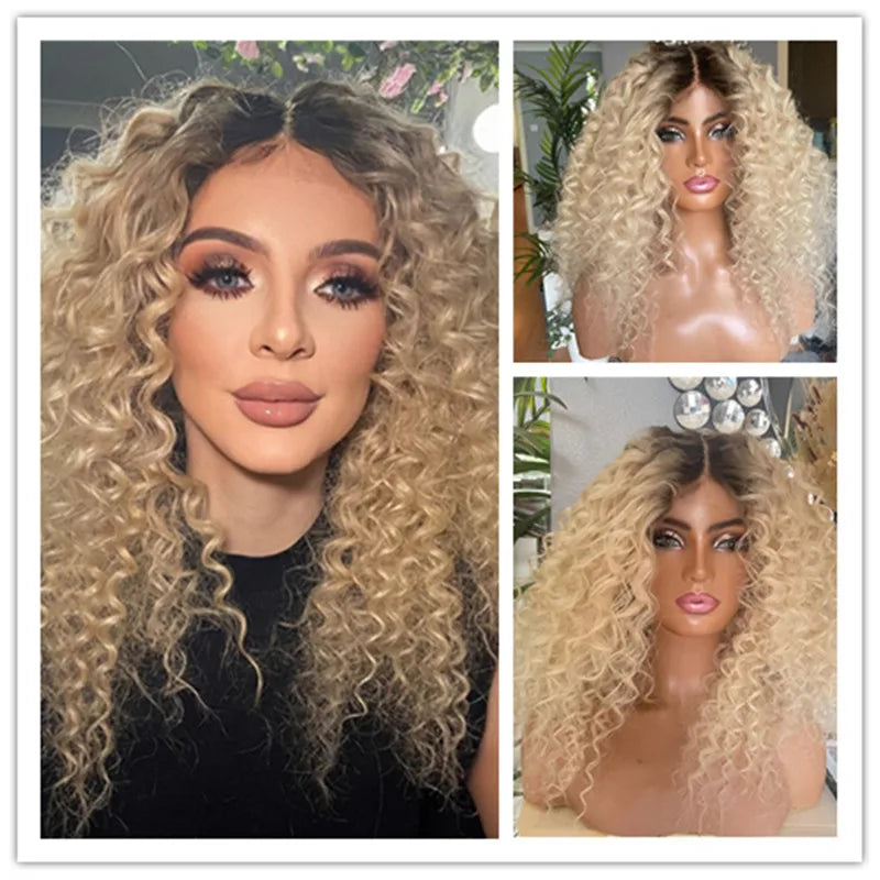 Collage of a woman with blonde curly hair and a mannequin head with similar hairstyle.