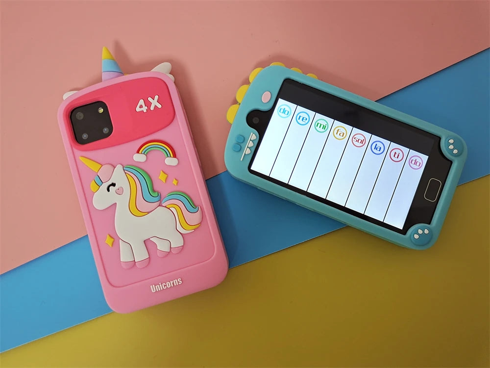 Pink unicorn phone case and teal phone case with educational app on a colorful background