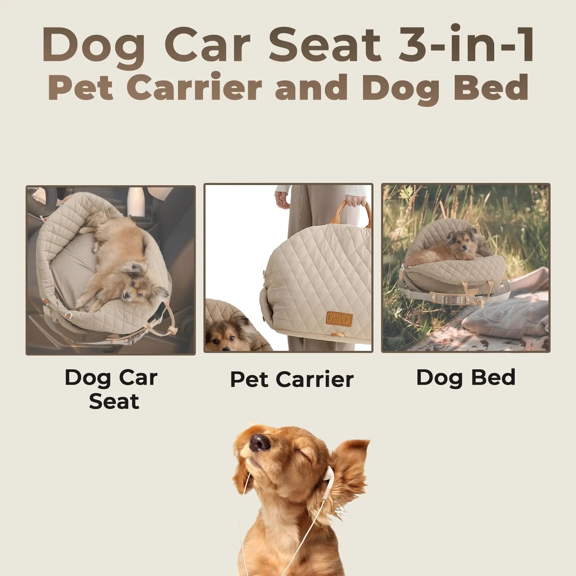 Dog Car Seat for Small Dogs, 3-in-1 Travel Carrier & Dog Bed for Car, Washable, Anti-Slip, Safety Straps, Fits Front & Back Seat