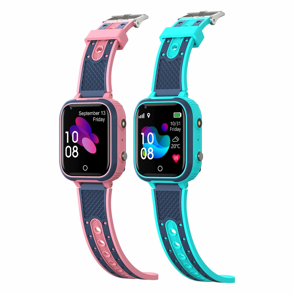 Two children's smartwatches with pink and blue straps on a white background