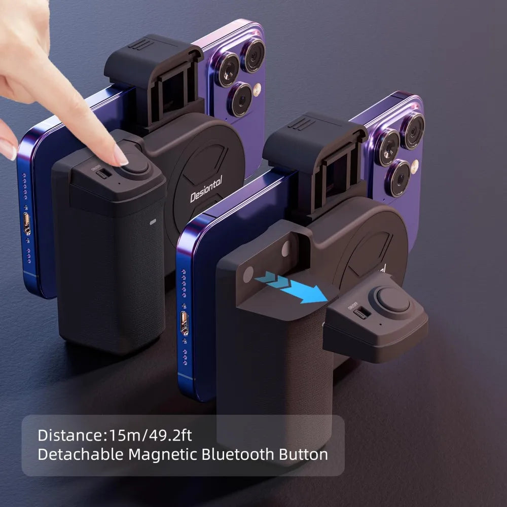 Detachable magnetic Bluetooth button attached to a phone case on a dark background