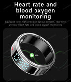 Smart ring with heart rate and blood oxygen monitoring features on a black background