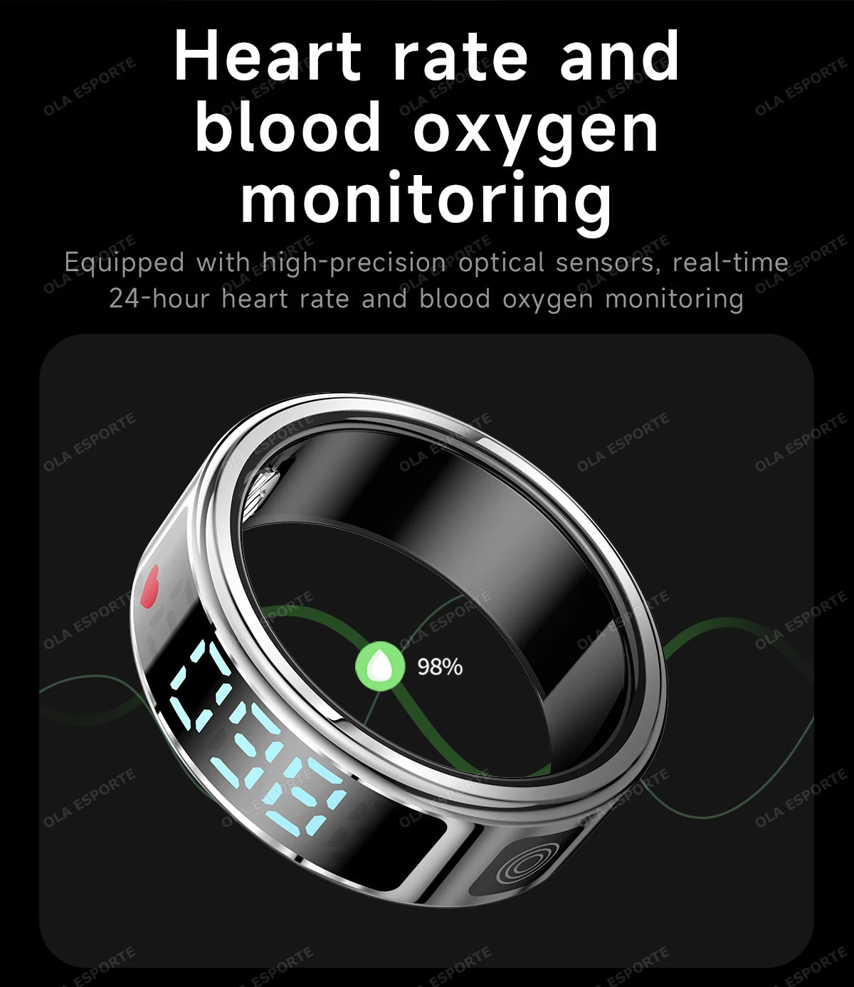 Smart ring with heart rate and blood oxygen monitoring features on a black background