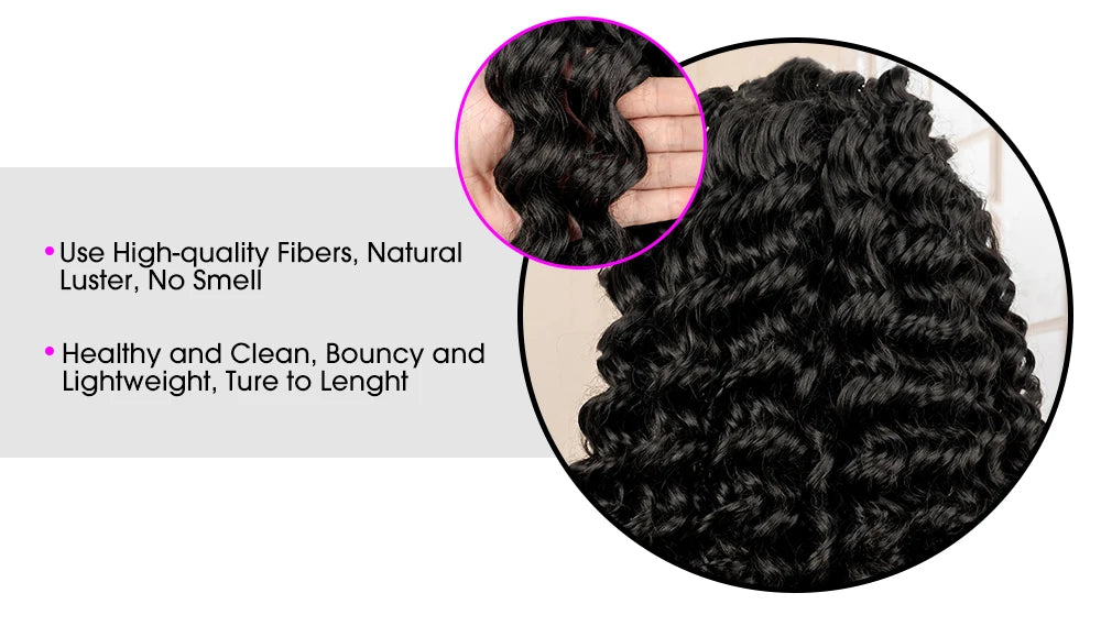 Black hair extensions with text highlighting quality and features on a white background