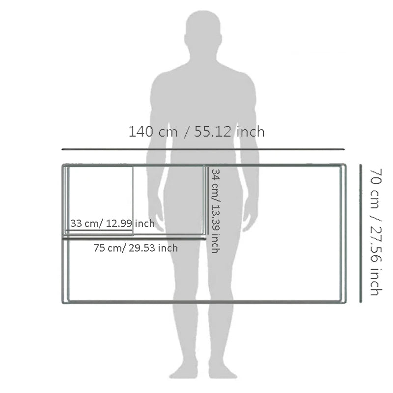 Measurement chart showing dimensions of a product with a human figure for scale.