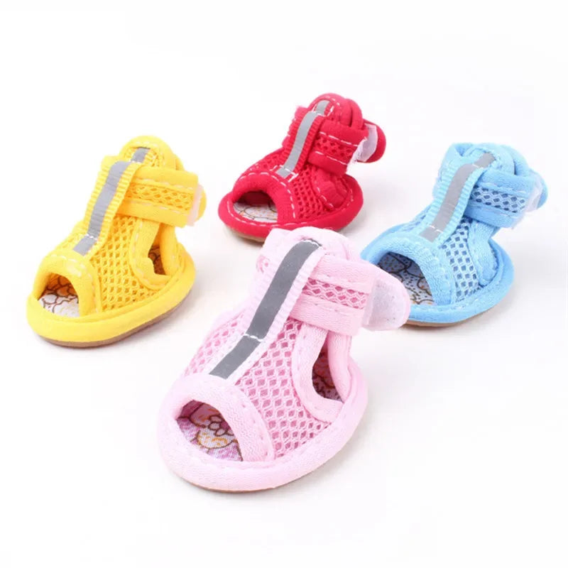 Four colorful pet sandals on a white background