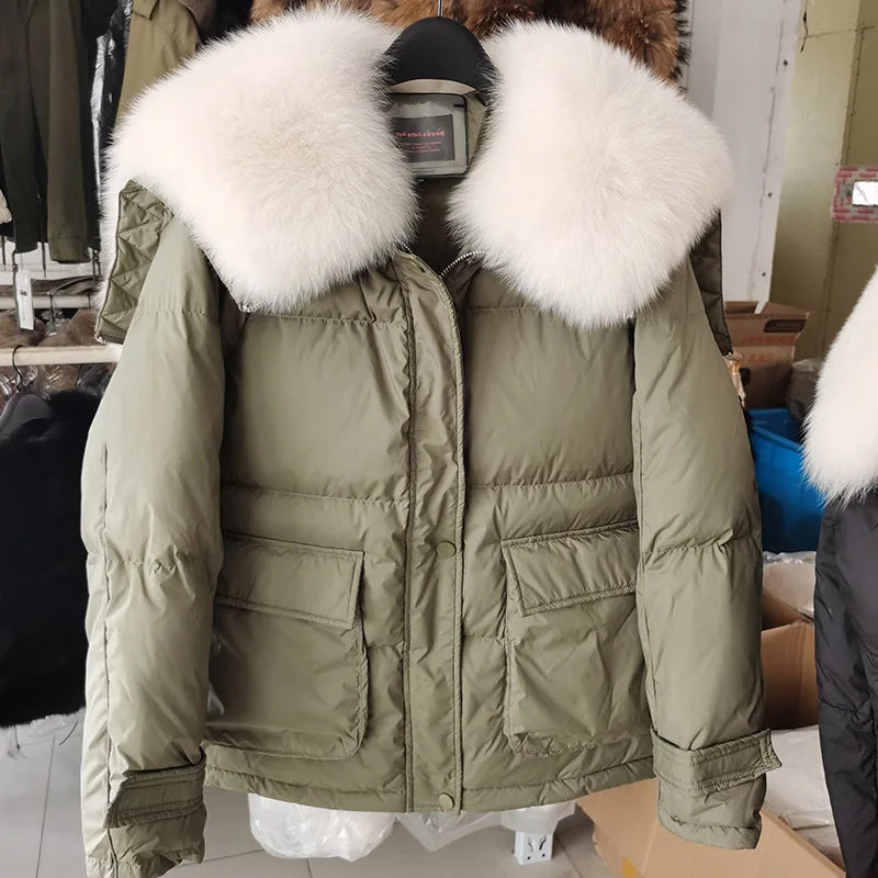 Maomaokong loose Real Fox Fur Collar 2024 White Duck Down Jacket Women Winter Luxury Puffer Coat Oversize Feather Outwear
