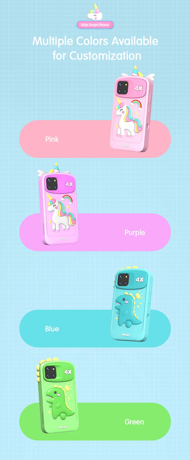 Phone cases with unicorn and dinosaur designs in pink, blue, and green on a light blue background.