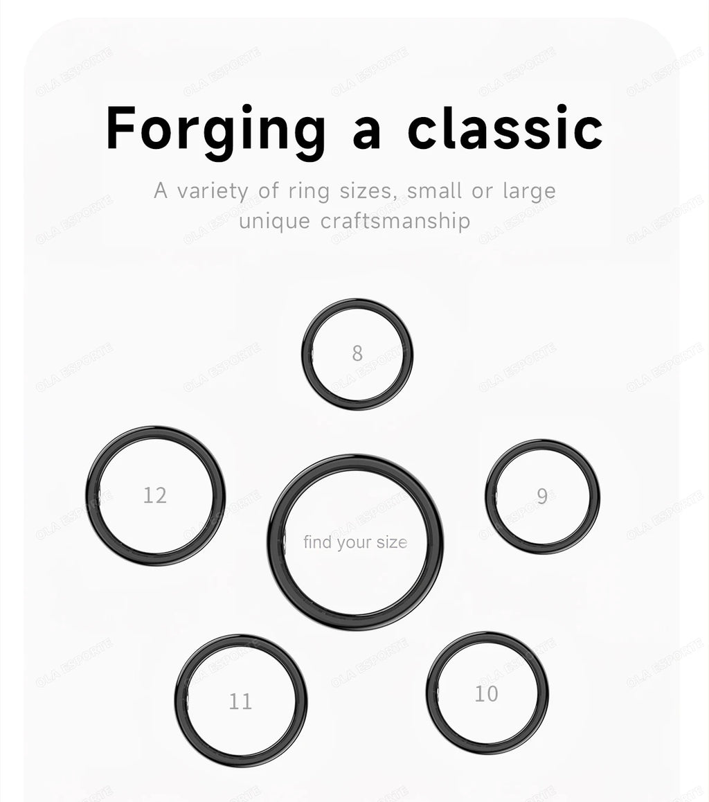 Set of black rings with size markings on a white background, featuring text 'Forging a classic' and 'A variety of ring sizes, small or large unique craftsmanship'.