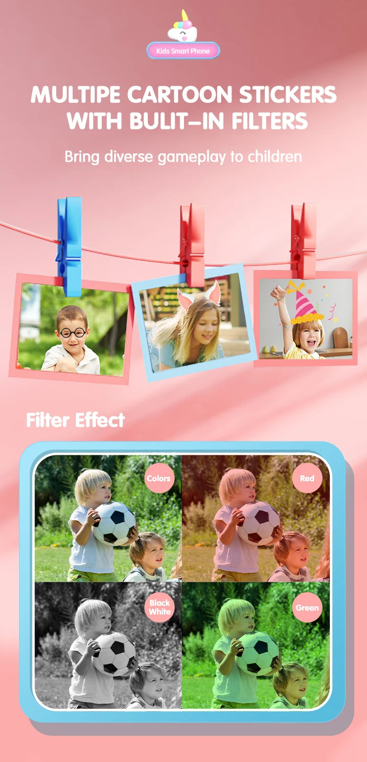 Cartoon stickers with built-in filters on a pink background
