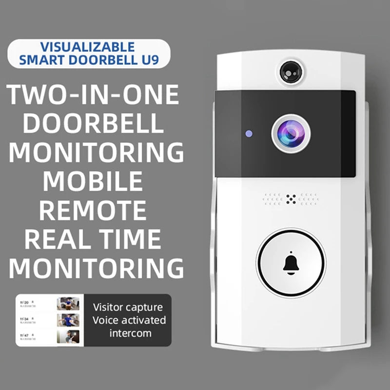 Smart doorbell with text highlighting features on a gray background