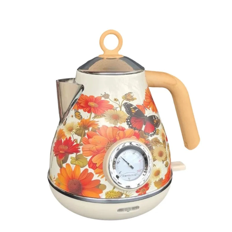 B64B-EU Plug Retro Electric Kettle 1.7L Handmade Decals Auto Power Off Thermometer Teapot For Quick Boiling