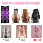 Chart showing how to measure wig length with images of wigs and measurement guides.