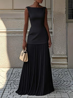 Women Elegant Solid Splice Pleated Skirts Set Sexy Slash Neck Sleeveless Tank Boho Dress Summer Hollow Slim Maxi Skirts