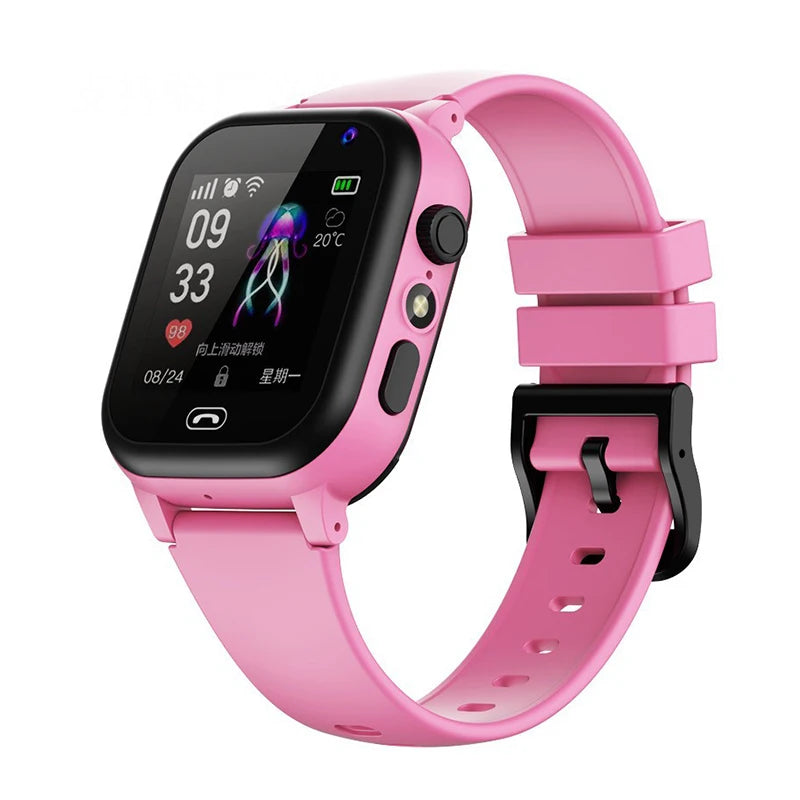 Pink smartwatch with a digital display on a white background
