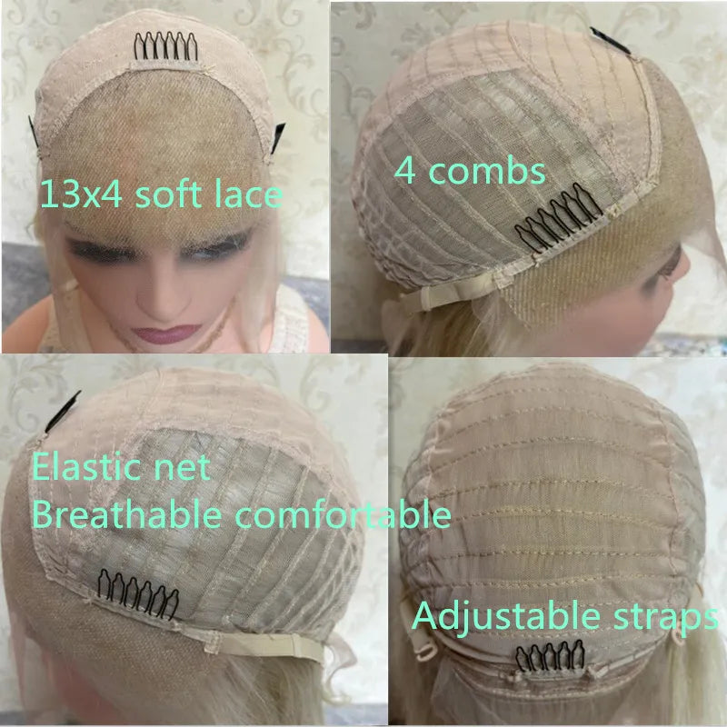 Collage of a wig cap with text highlighting features like soft lace, combs, elastic net, and adjustable straps.