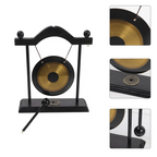 Gong on a stand with close-up insets showing details