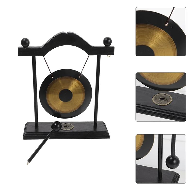 Gong on a stand with close-up insets showing details