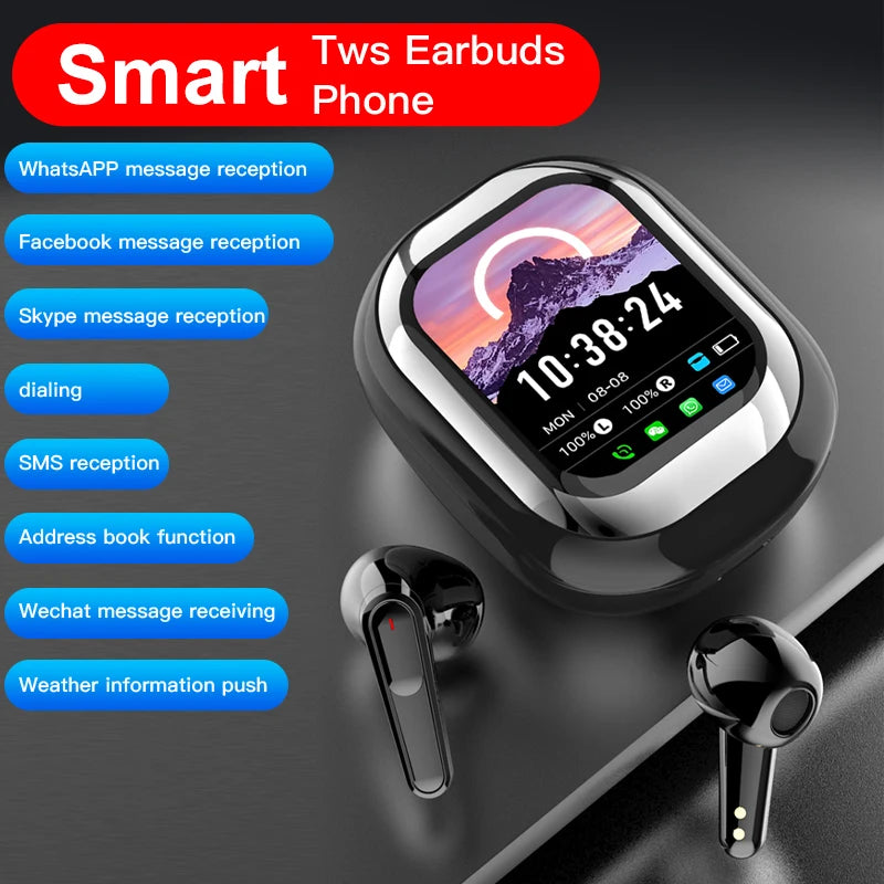 Smart earbuds with a phone case displaying functions on a dark background